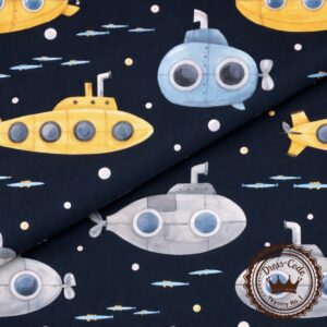 Łodzie podwodne na granatowym tle- Bawełna Premium