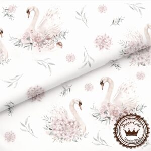 Łabędzie i hortensje na białym tle- Bawełna Premium