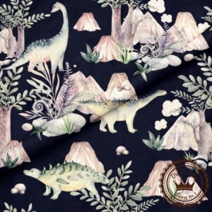 Epoka dinozaurów na granatowym tle- Bawełna Premium