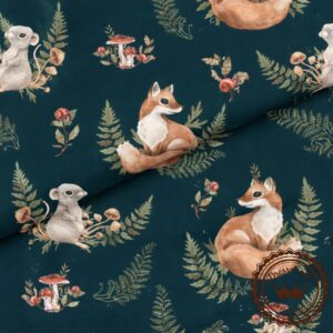 Liski i ryjówki na butelkowym zielonym tle- Bawełna Premium