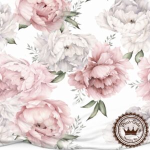 Peonie i drobne listki na białym tle- Bambus 100%