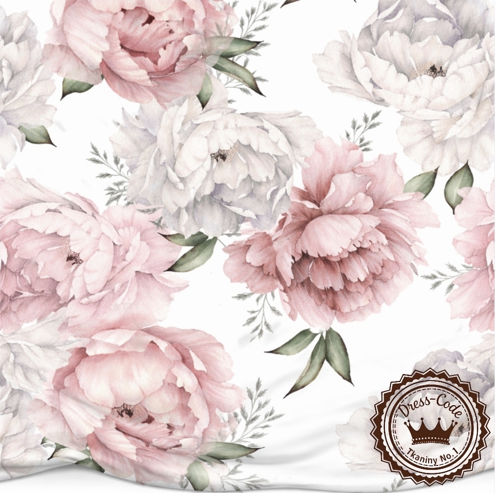 Peonie i drobne listki na białym tle- Bambus 100%