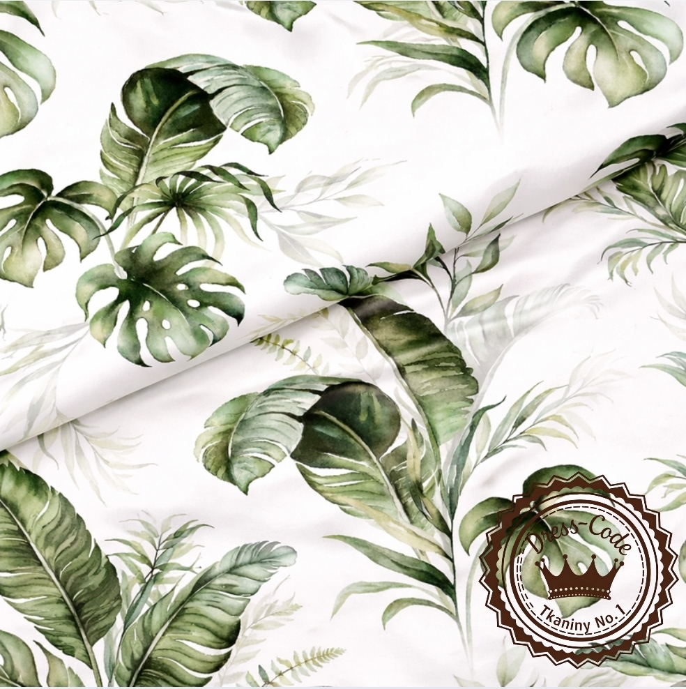 Monstery i Liście Bananowca na białym tle- Bawełna Premium