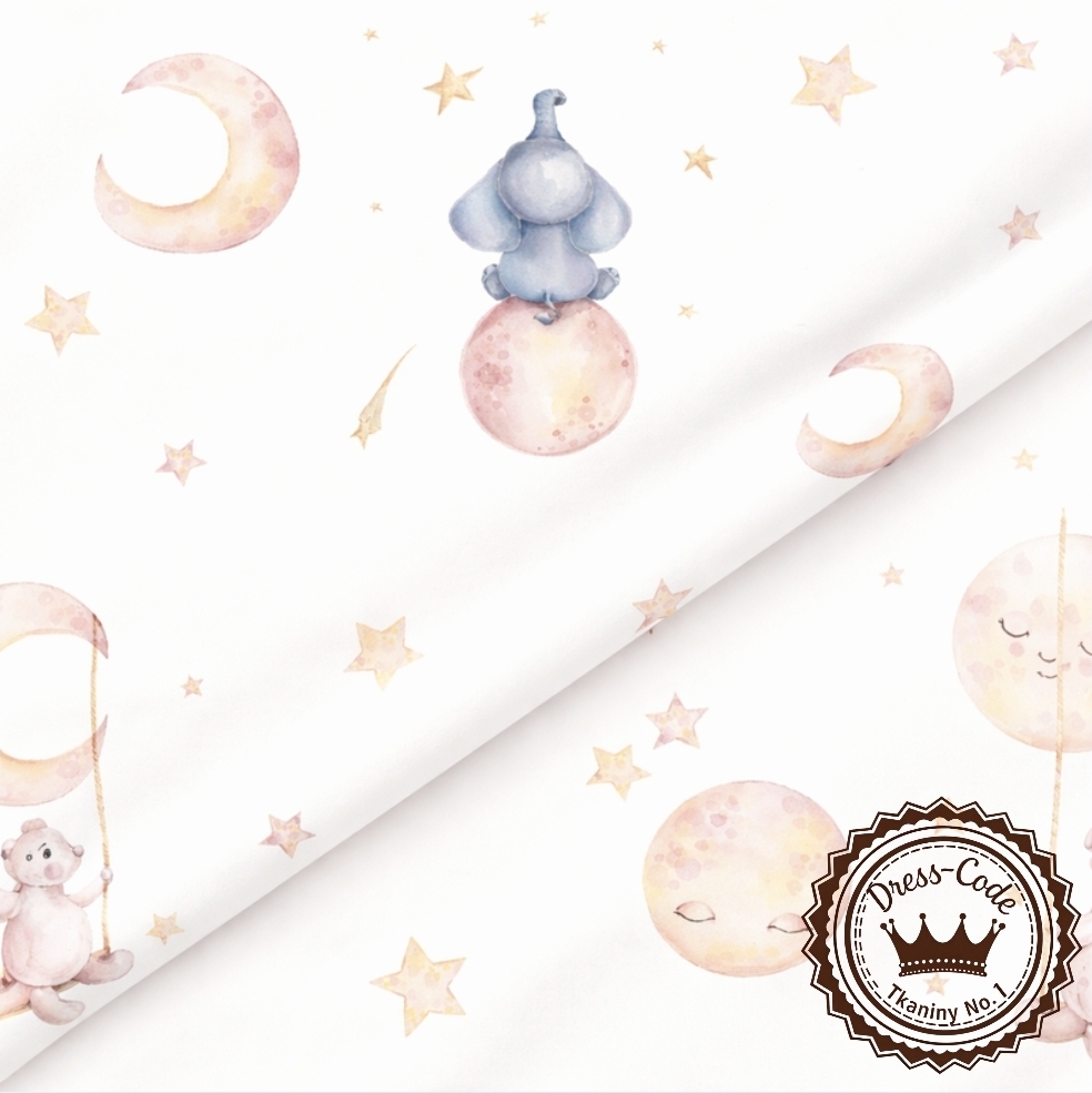 Słoniki i białe misie na białym tle- Bawełna Premium