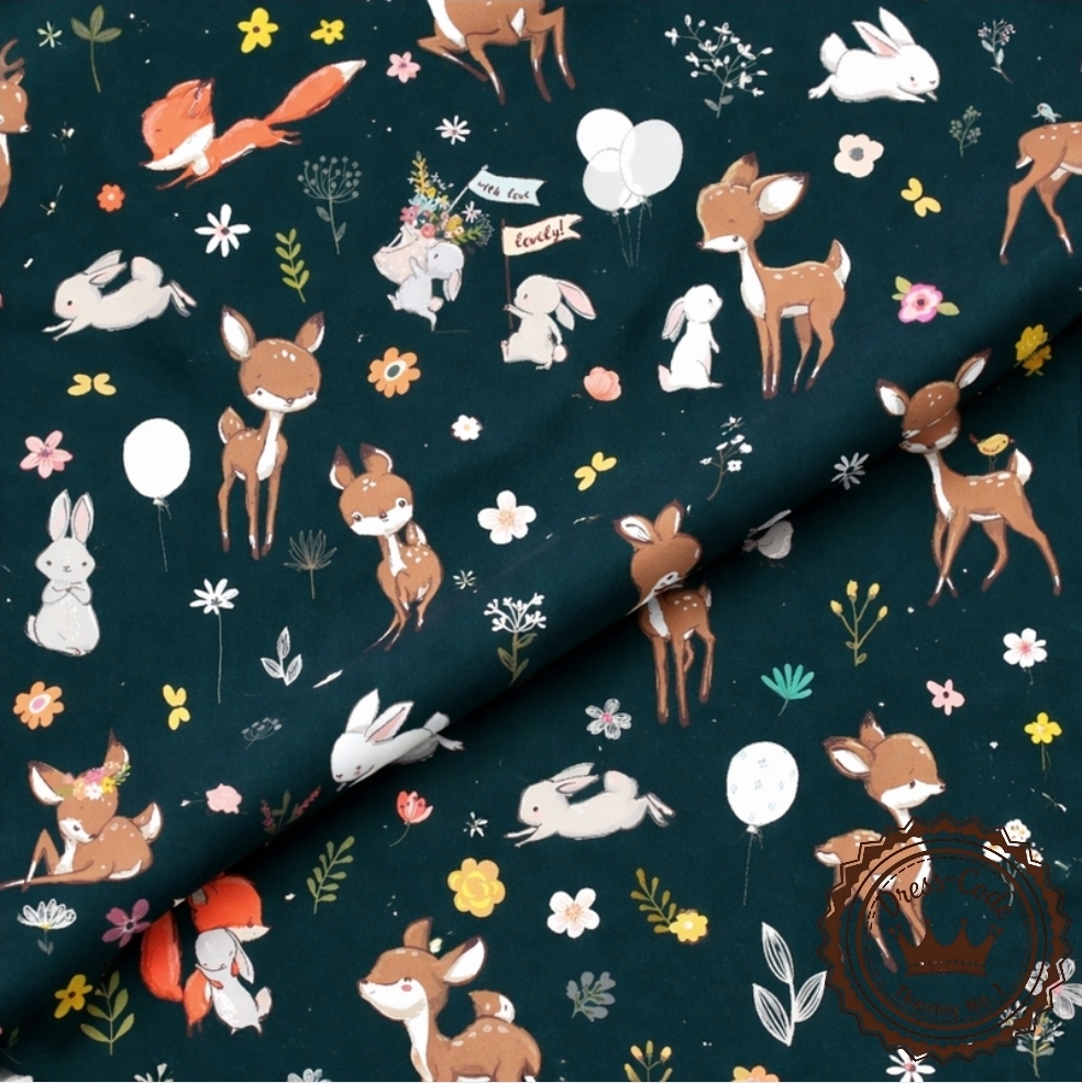 Przyjaciele z lasu na butelkowym zielonym tle- Bawełna Premium