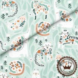 Zwierzątka w kwiatuszki na miętowym tle- Bawełna Premium