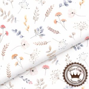 Gałązki i delikatne kwiatuszki na białym tle- Bawełna Premium