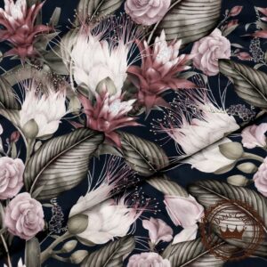 Kwiaty i liście palm na ciemnym tle- Bawełna Premium