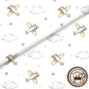 Samoloty i chmurki akwarelowe- Bawełna Premium