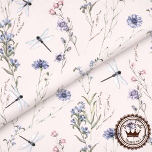 Polne kwiaty i ważki na pudrowym różowym tle- Bawełna Premium