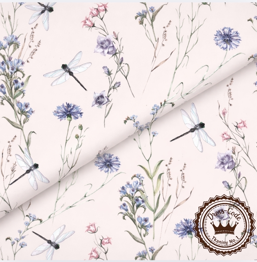 Polne kwiaty i ważki na pudrowym różowym tle- Bawełna Premium