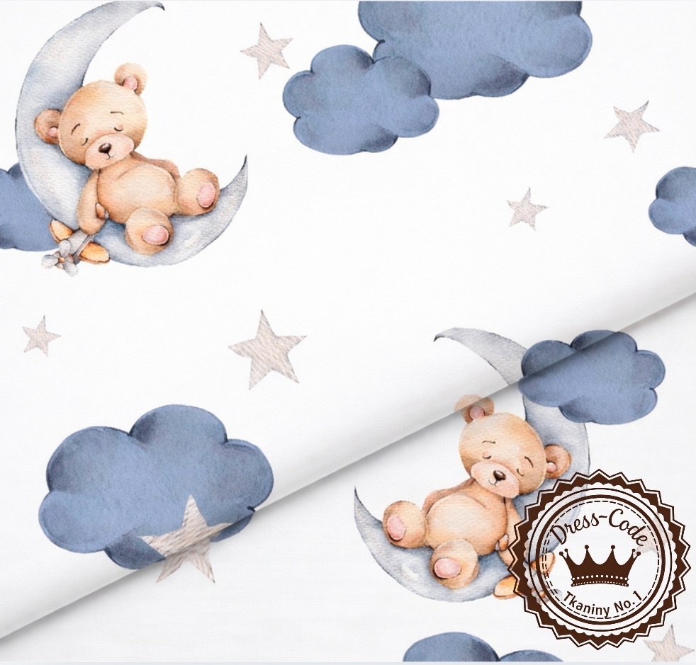 Misie i granatowe chmurki- Bawełna Premium