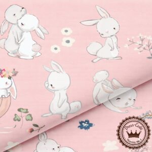 Słodkie króliczki na różowym tle- Bawełna Premium