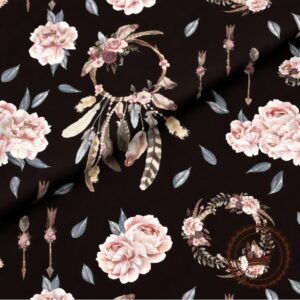 Peonie i Łapacze na czarnym tle- Bawełna Premium