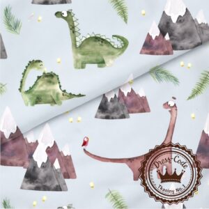 Dino w górach na pudrowym miętowym tle- Bawełna Premium