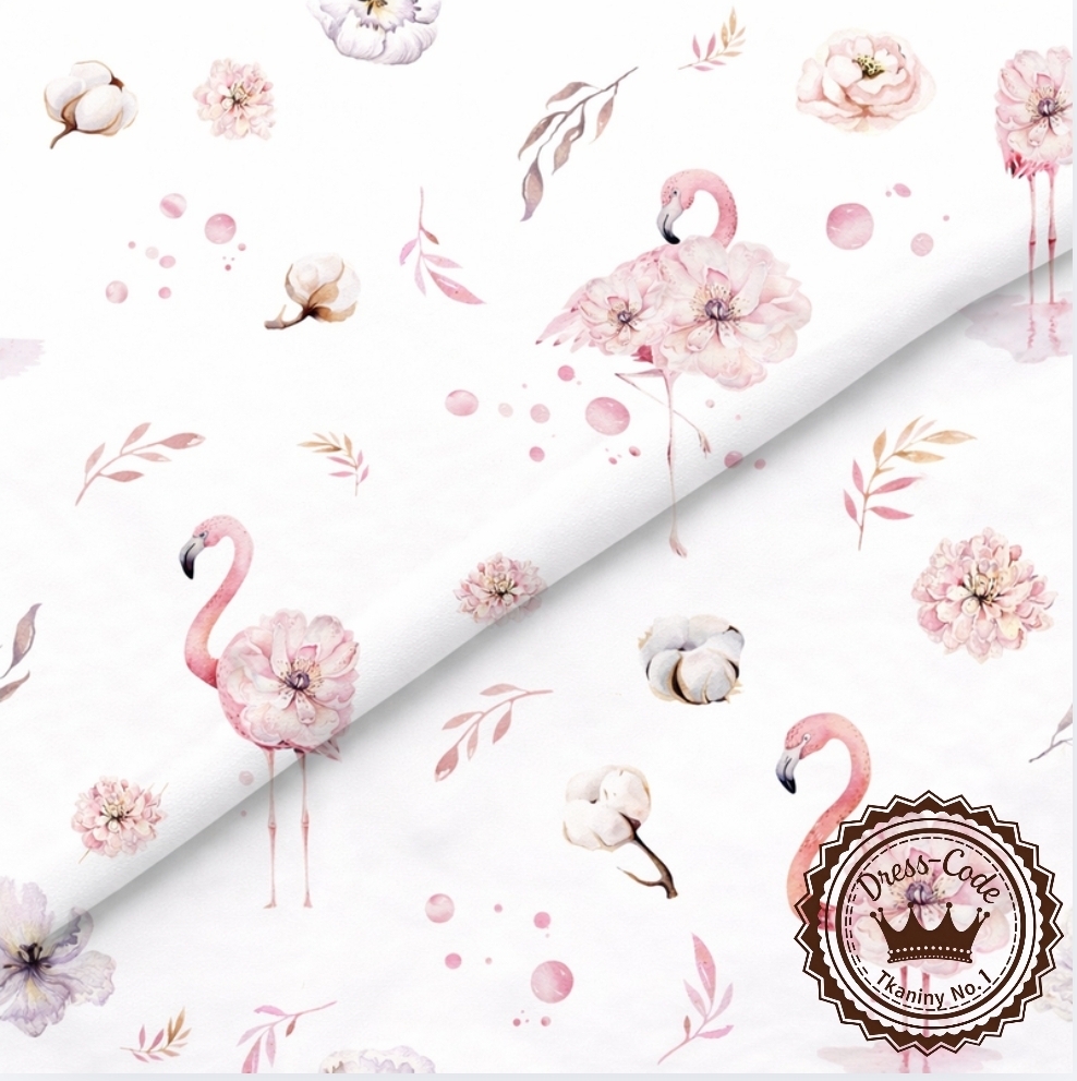 Różane Flamingi na białym tle- Bawełna Premium