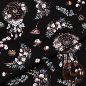 Łapacze snów leśne na czarnym tle- Bawełna Premium