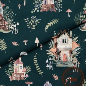 Leśne domki na butelkowej zieleni- Bawełna Premium