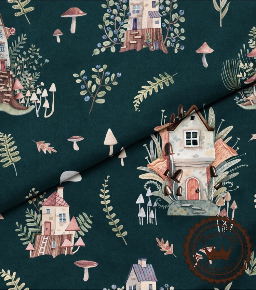 Leśne domki na butelkowej zieleni- Bawełna Premium