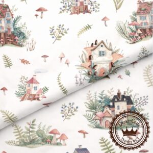 Leśne domki na białym tle- Bawełna Premium