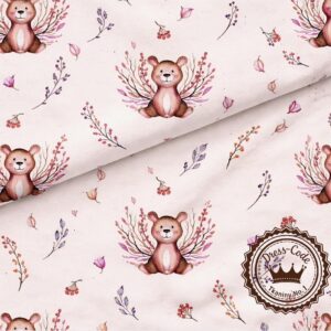 Misie i gałązki na pudrowym różowym tle- jersey z elastanem 200g