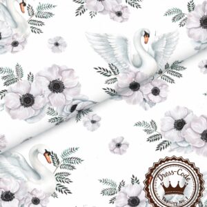 Łabędzie i białe kwiaty- Bawełna Premium