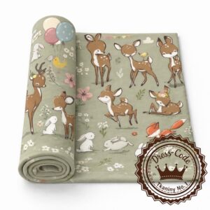 Przyjaciele z lasu na tle khaki- Dresówka pętelka Premium+, Druk cyfrowy