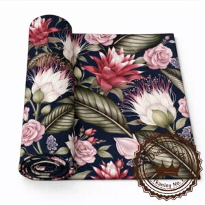 Kwiaty i liście palm na ciemnym tle- Dresówka pętelka Premium+, Druk cyfrowy