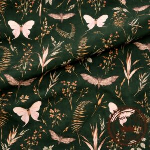 Motyle i ćmy na butelkowym zielonym tle- Bawełna Premium