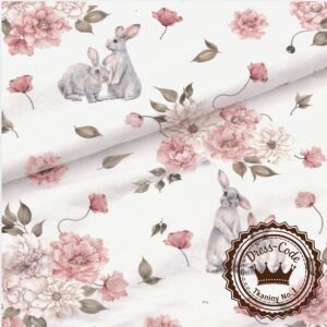 Ogród biało- różowy i króliczki Akwarela- Bawełna Premium