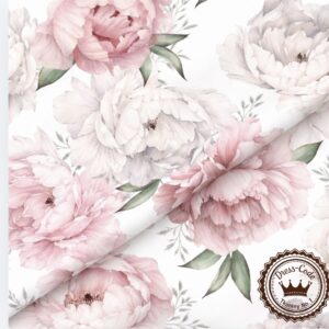 Piwonie i drobne listki na białym tle- Bawełna Premium