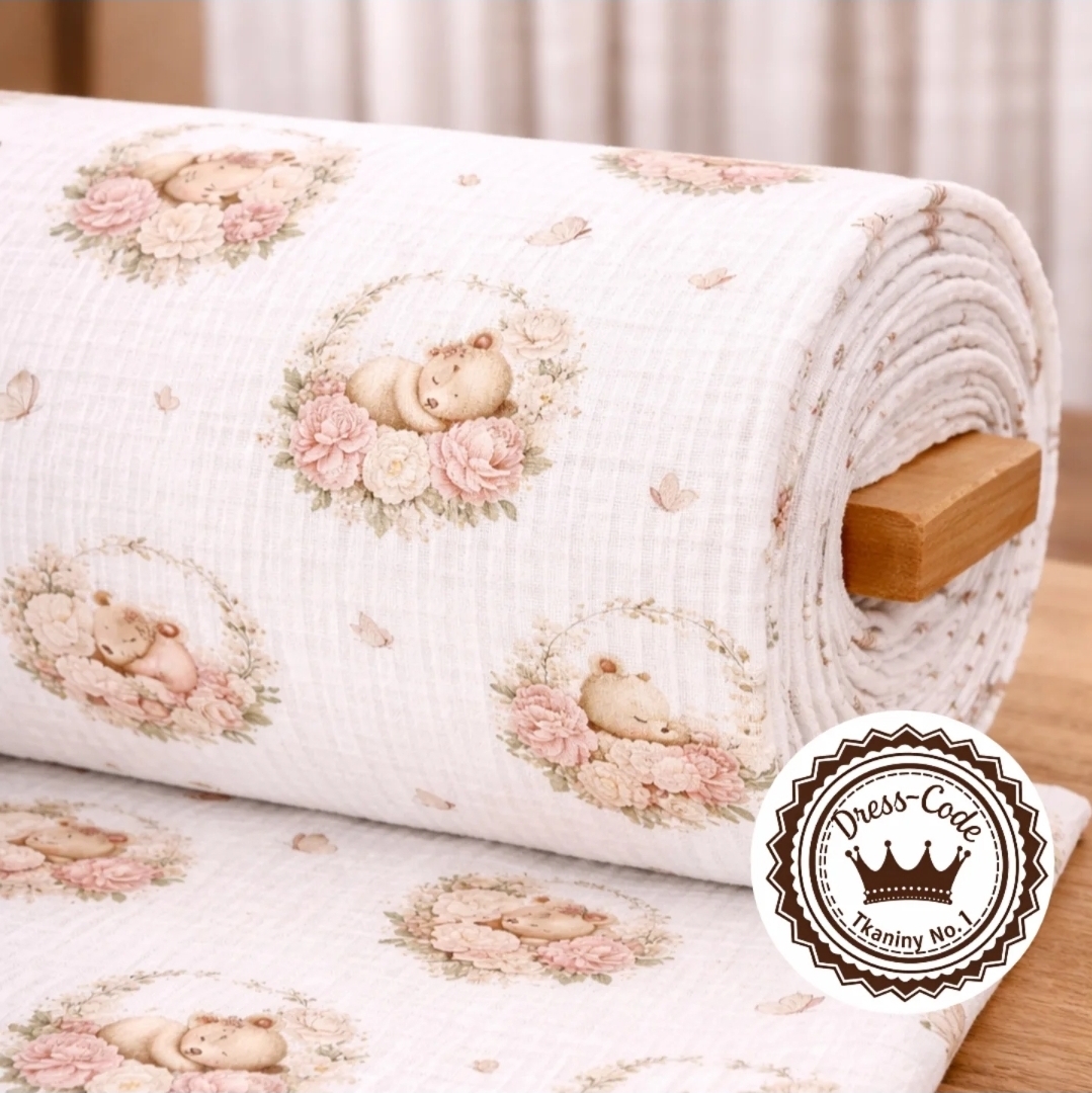 Misia w kwiatach- Muślin bawełniany 100% Druk cyfrowy